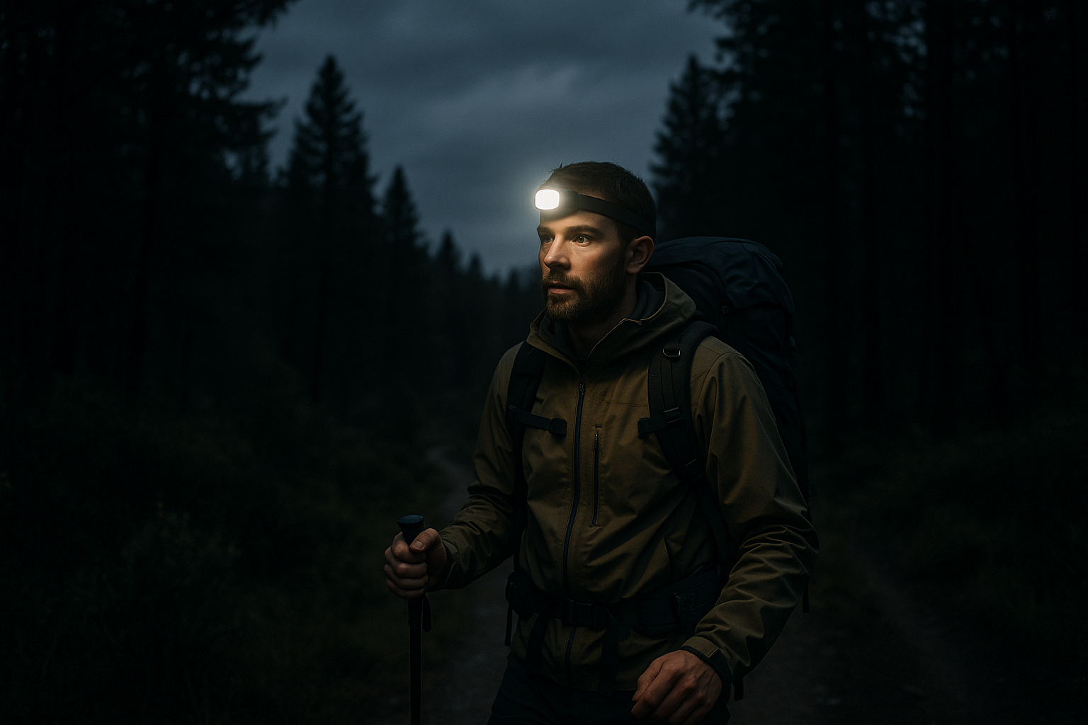 randonneur lampe frontale sentier nuit
