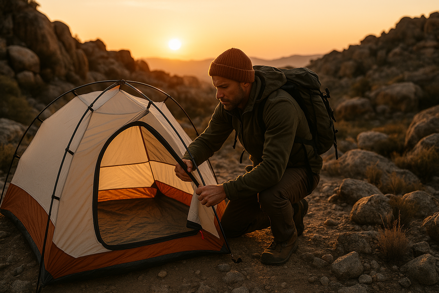 montage tente expérimenté camping rocheux coucher soleil