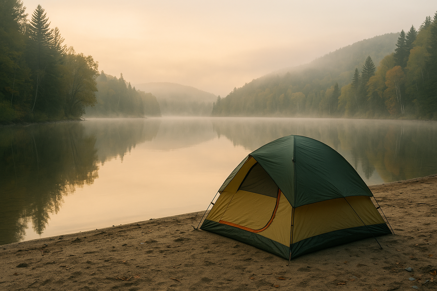 tente camping lac Québec brume matinale