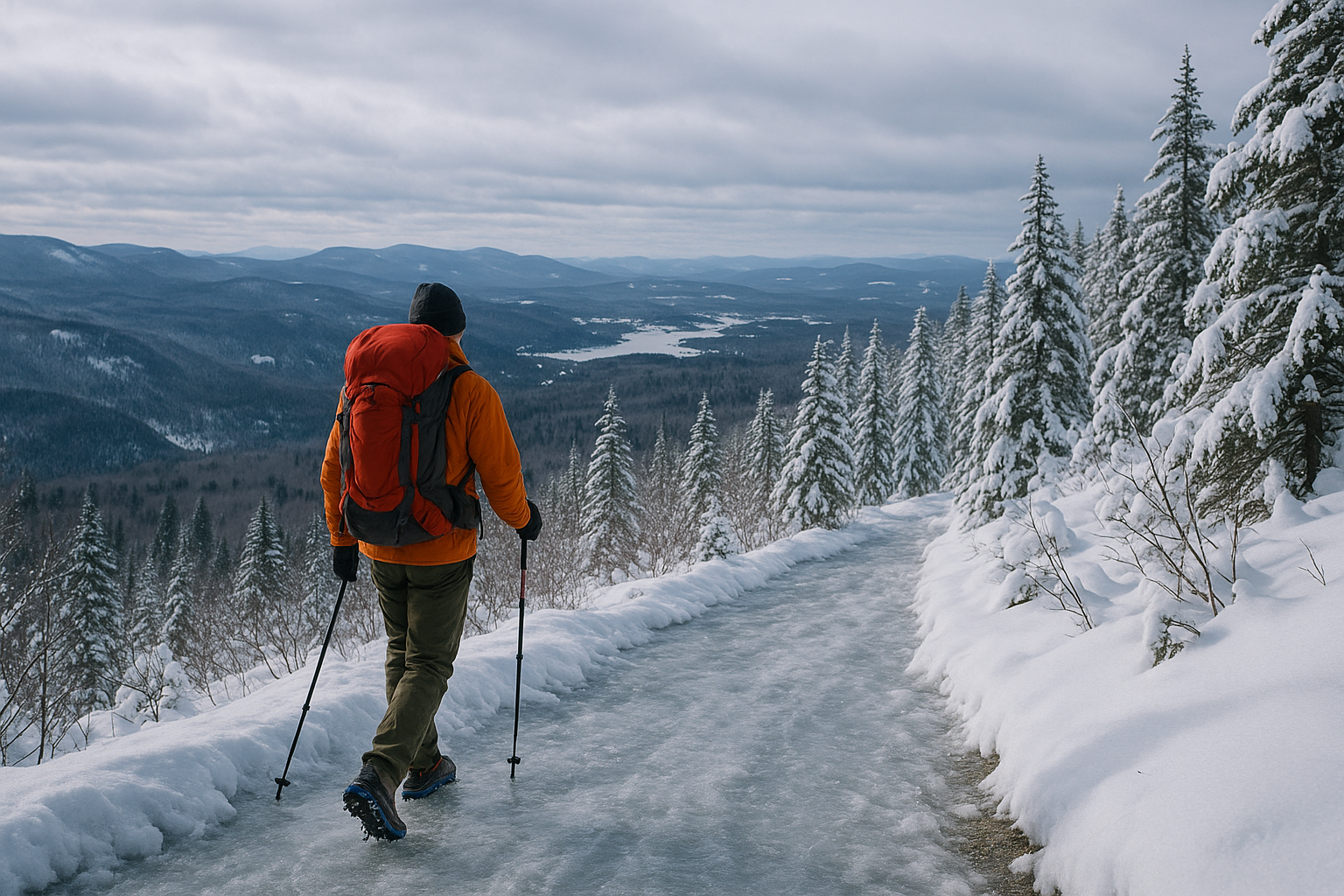 randonneur crampons sentier glacé montagne Québec hiver