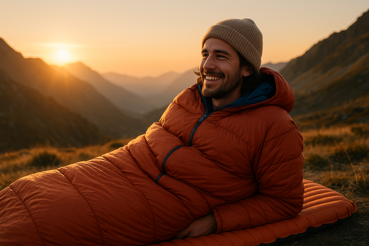 campeur heureux matelas sol confortable lever soleil montagne