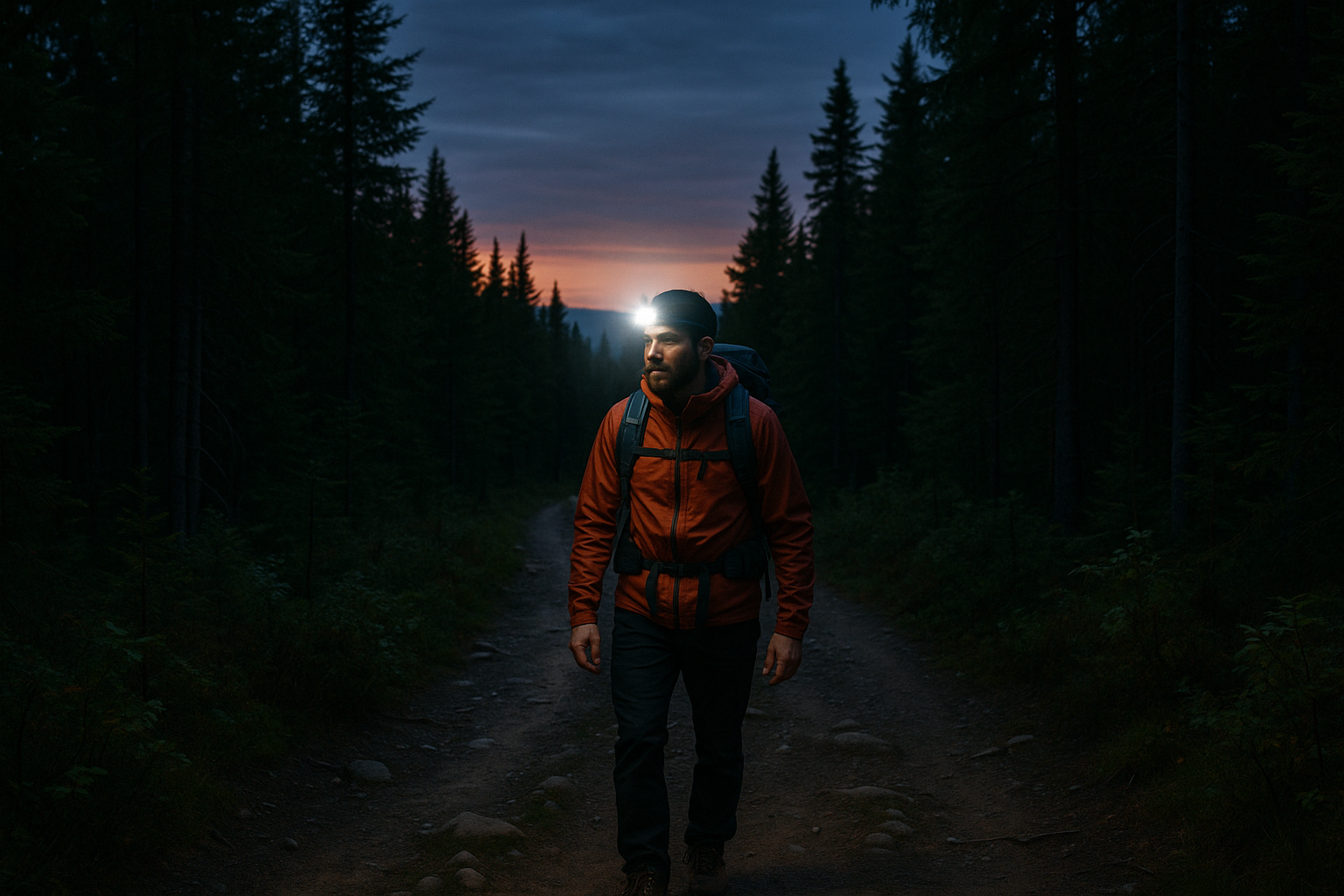 randonneur lampe frontale sentier crépuscule Québec