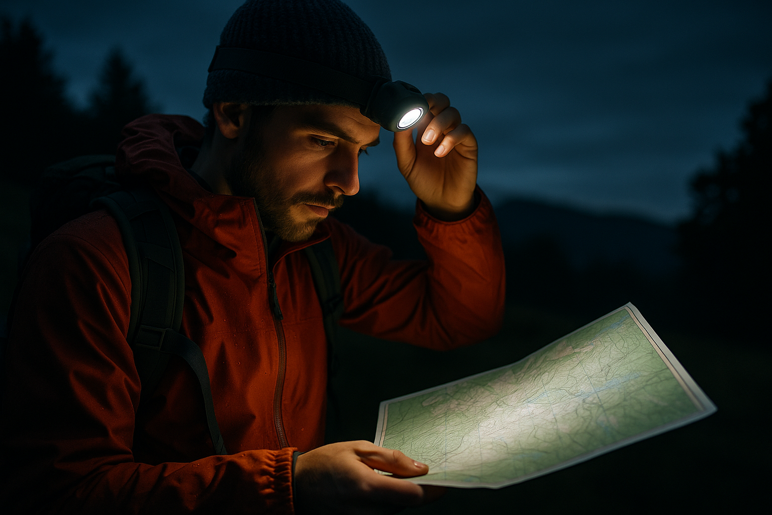 randonneur ajuste lampe frontale consultation carte nuit