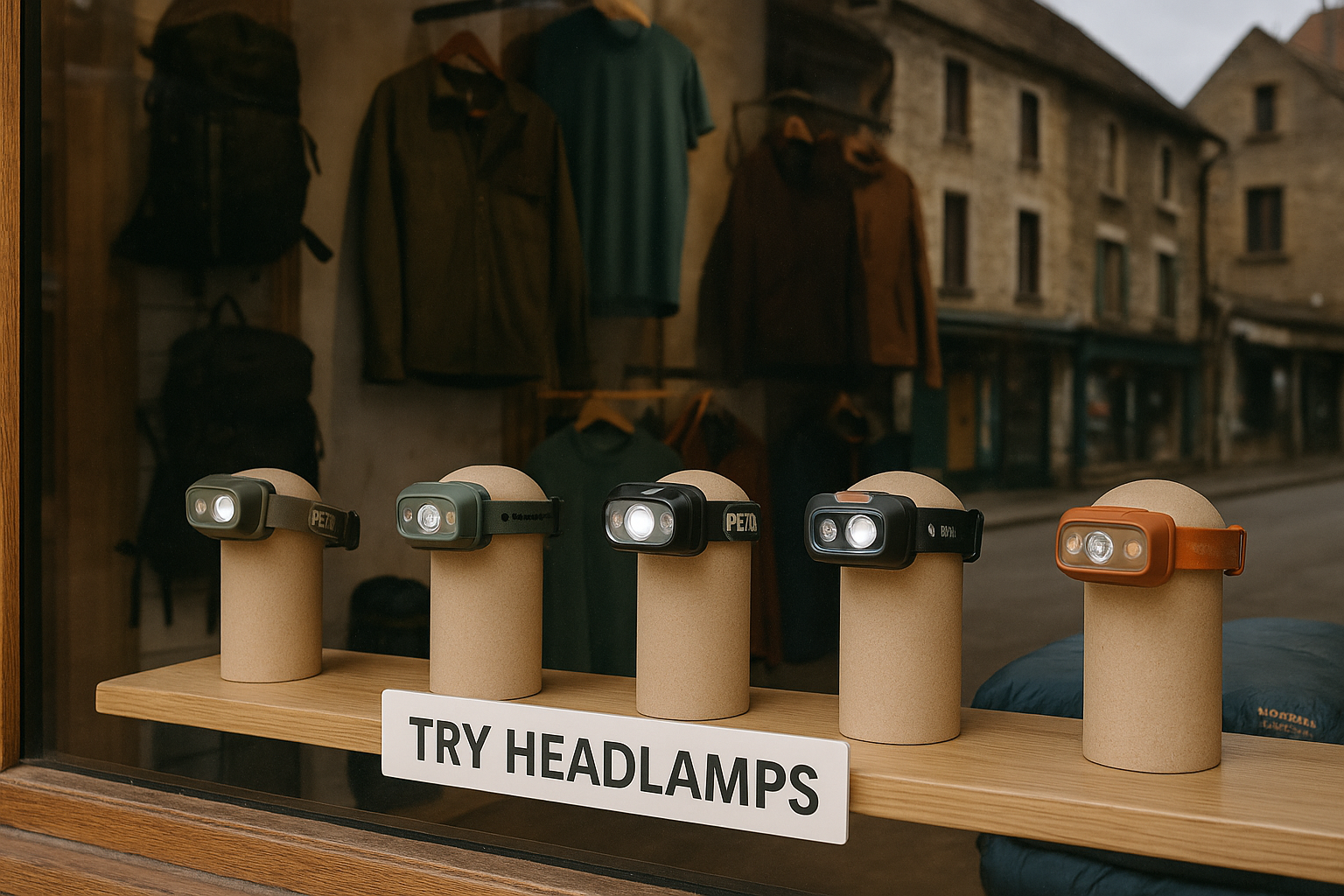 vitrine magasin plein air lampes frontales exposition
