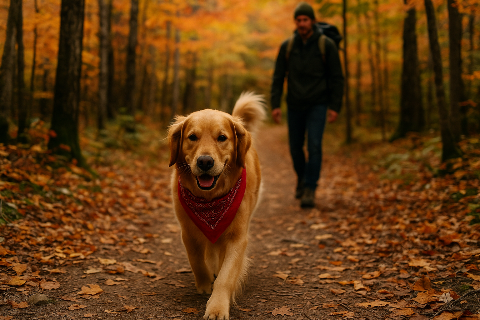 chien randonnée sentier automne Québec activité plein air