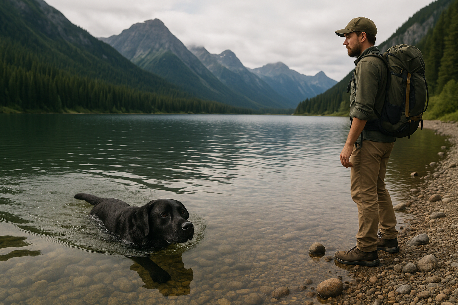 chien natation lac montagne activité plein air été