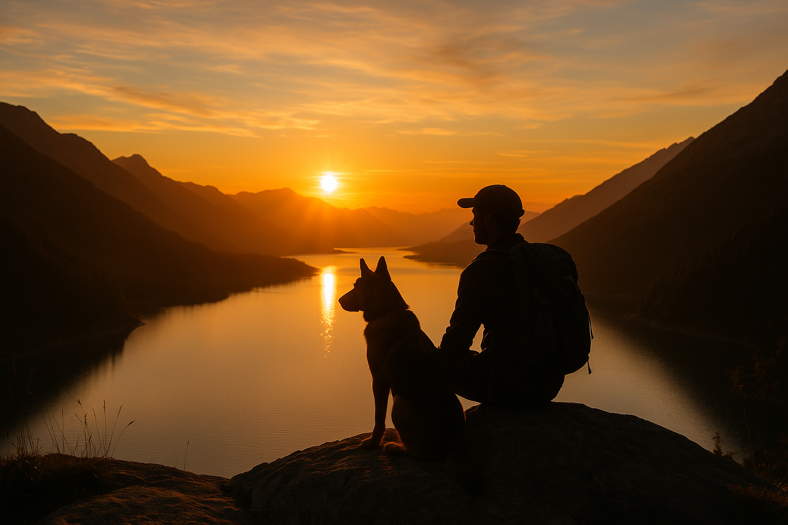 coucher soleil lac montagne chien randonneur silhouette plein air Québec
