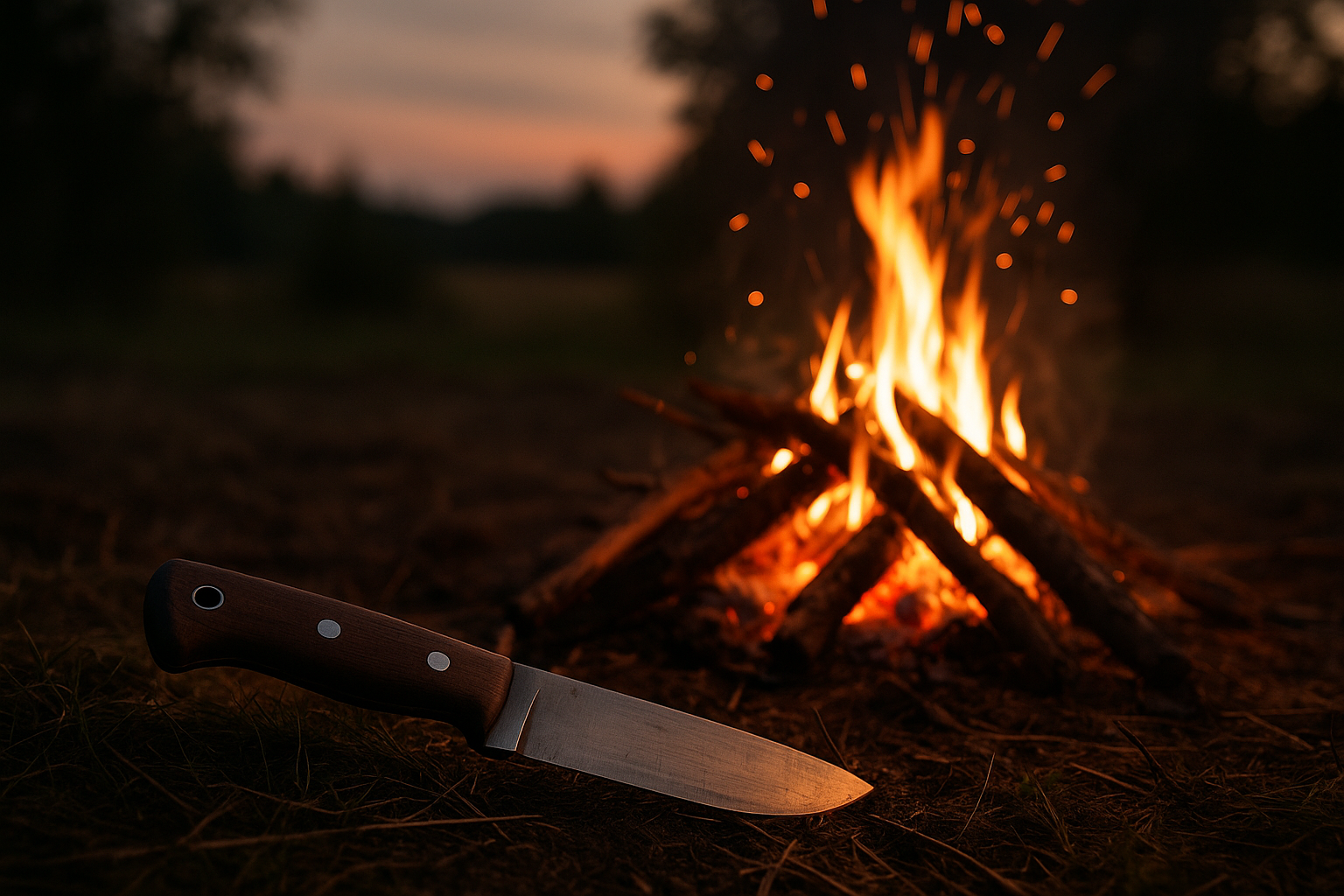 knife campfire sparks evening camping