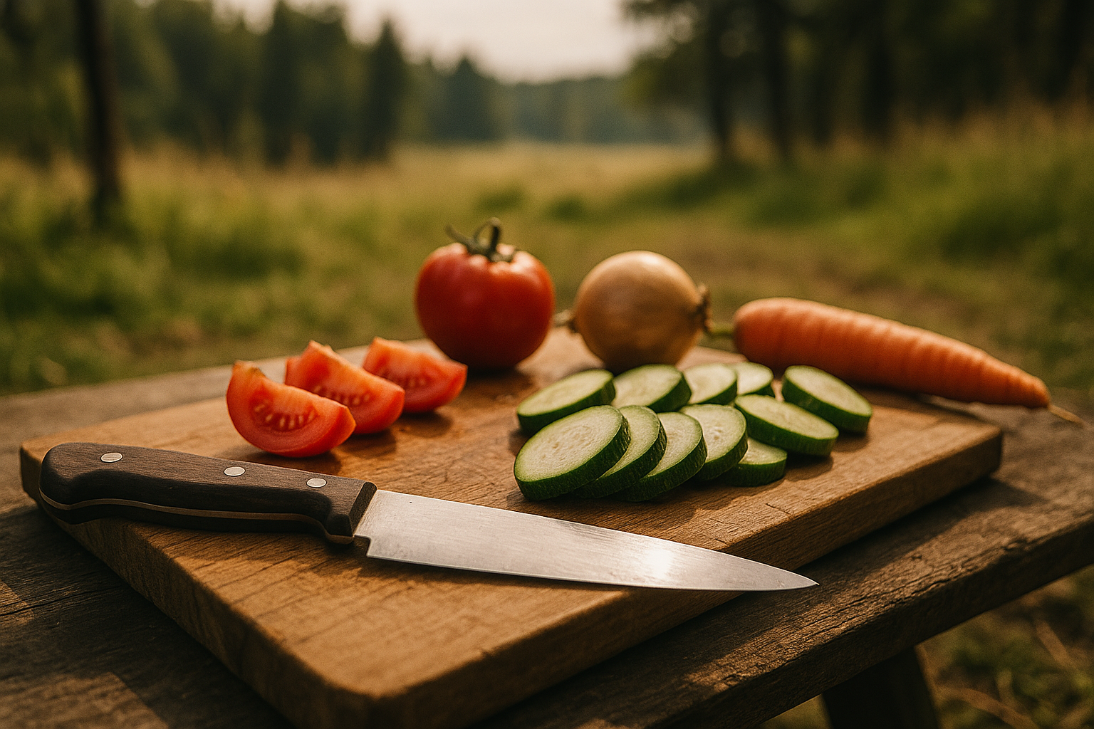 knife meal preparation camping nature vegetables