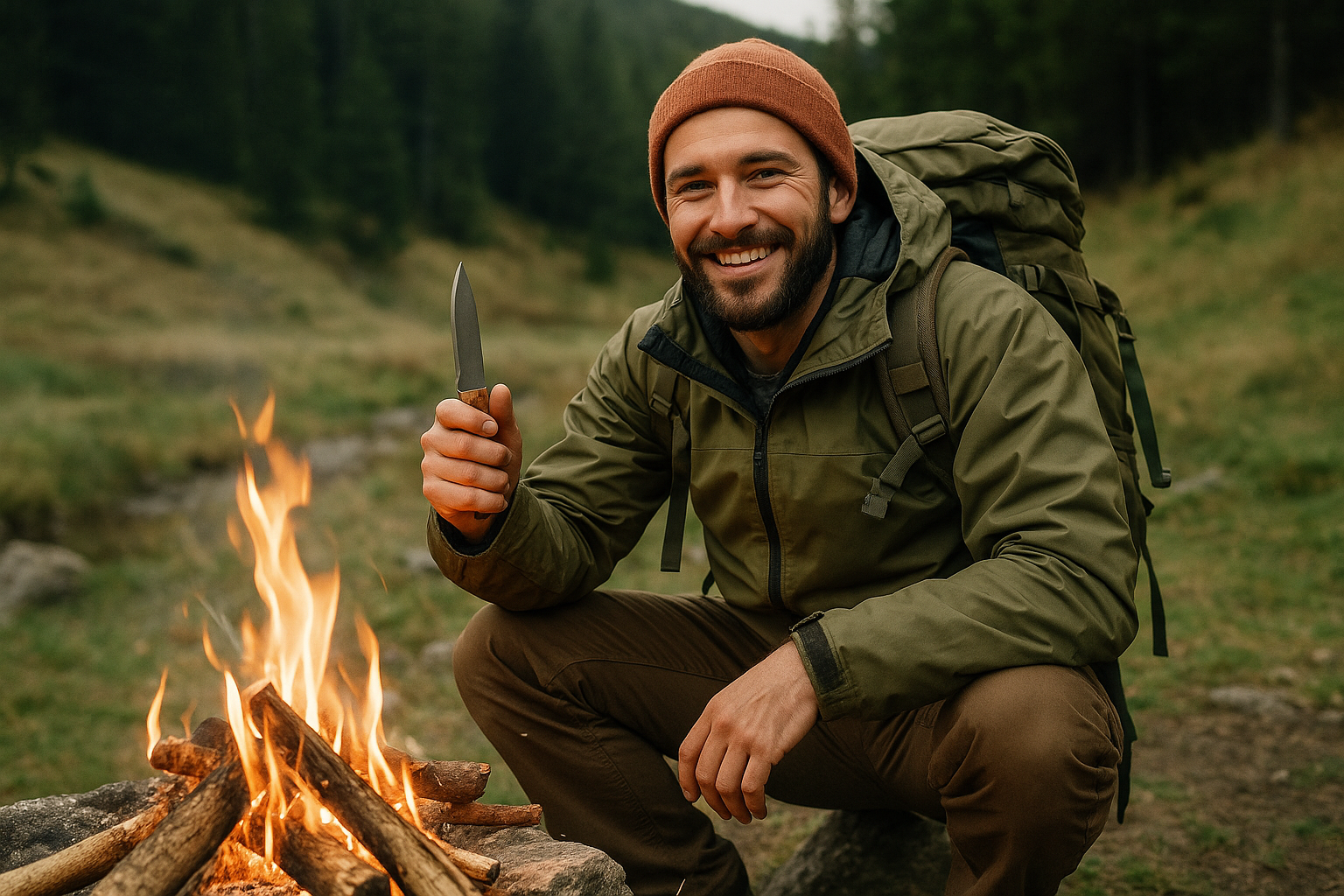 satisfied hiker knife successful campfire