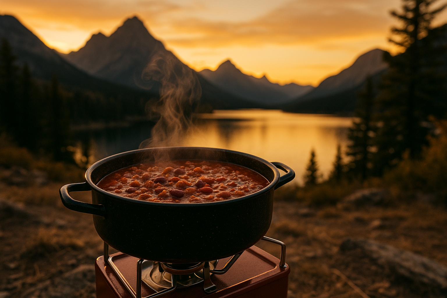 cuisine camping chili réchaud lac montagne