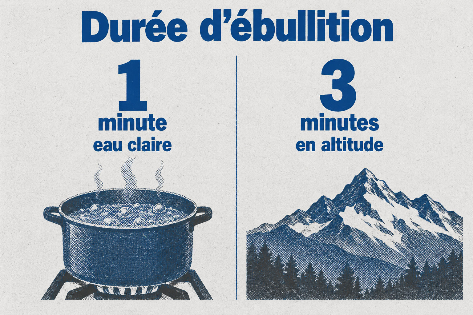 Faites bouillir l’eau claire pendant 1 minute ; en altitude, certaines consignes recommandent 3 minutes.