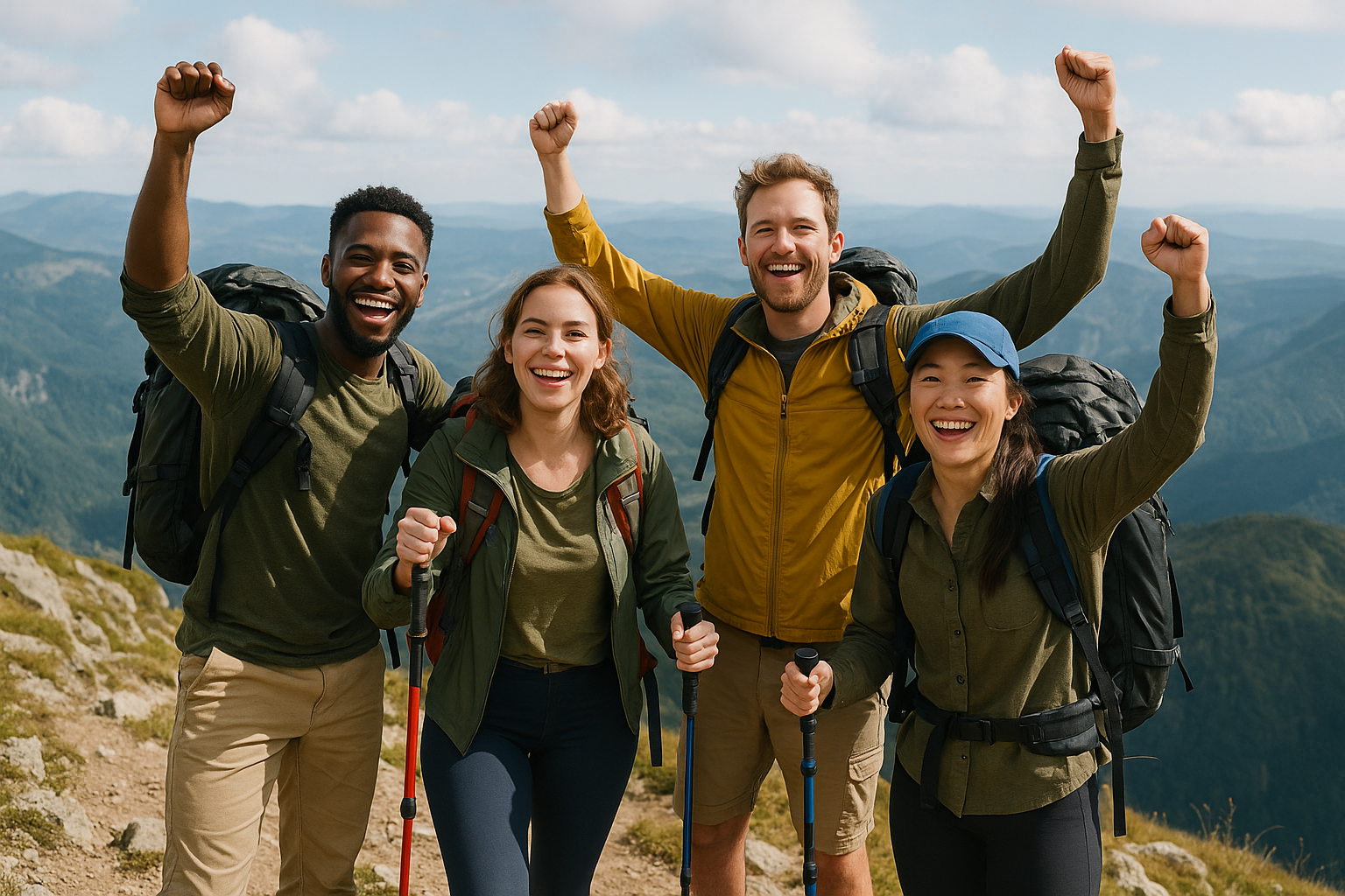 groupe randonneurs sommet victoire motivation communauté