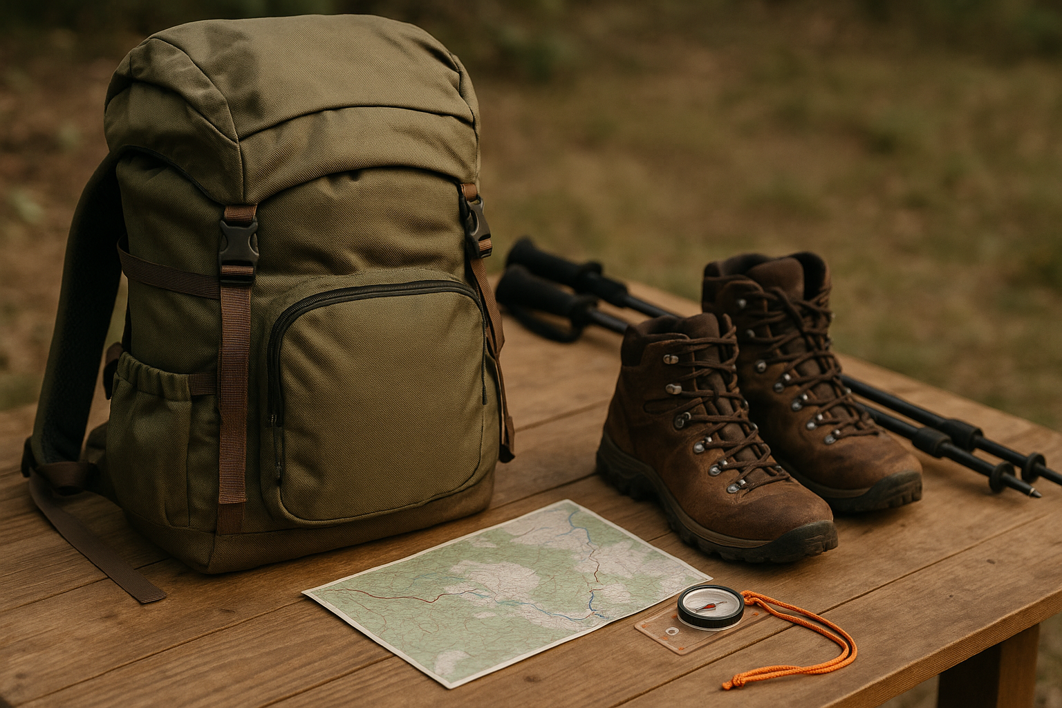 hiking equipment organized table