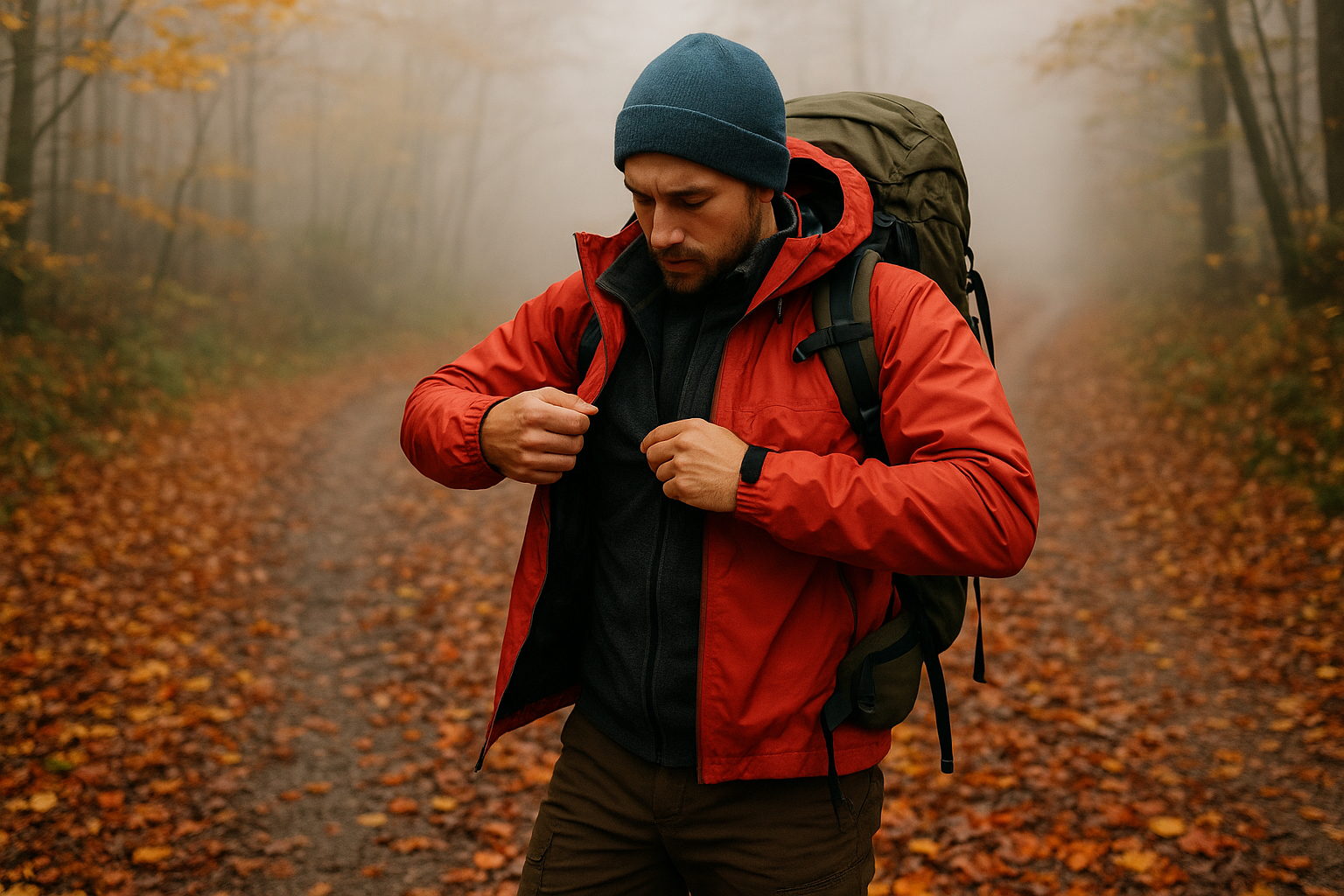 hiker adjusting clothing foggy autumn trail