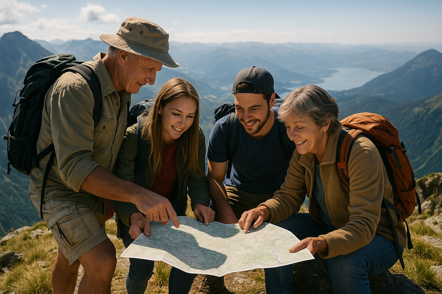 group hikers consulting map mountain summit