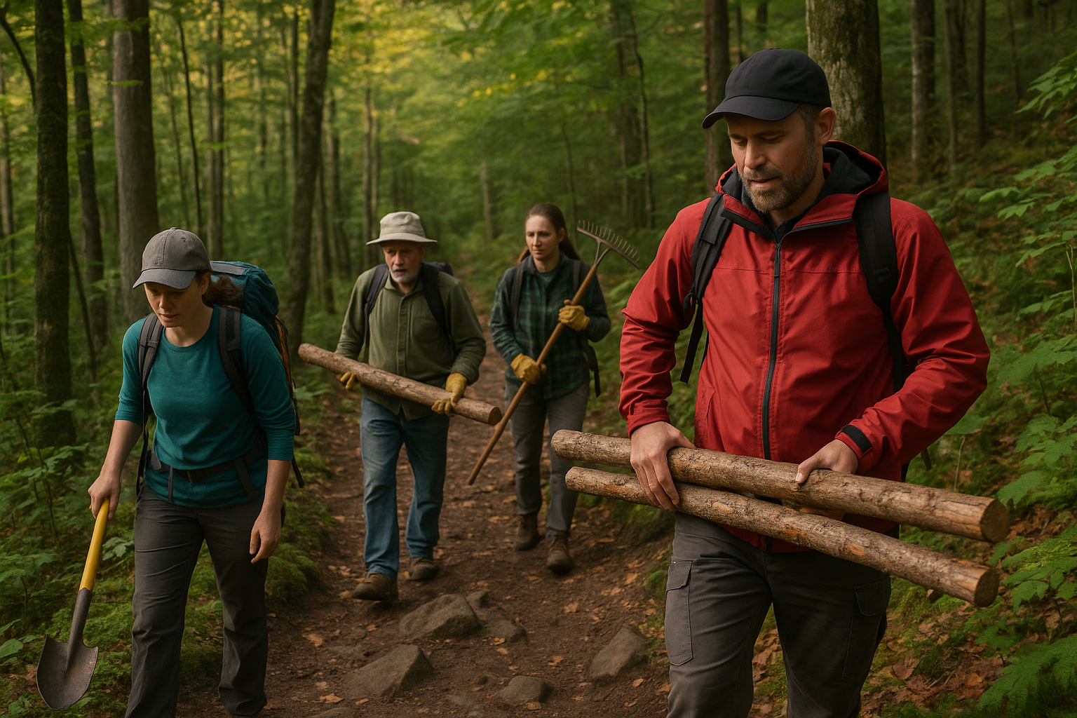 volunteers trail maintenance Quebec forest