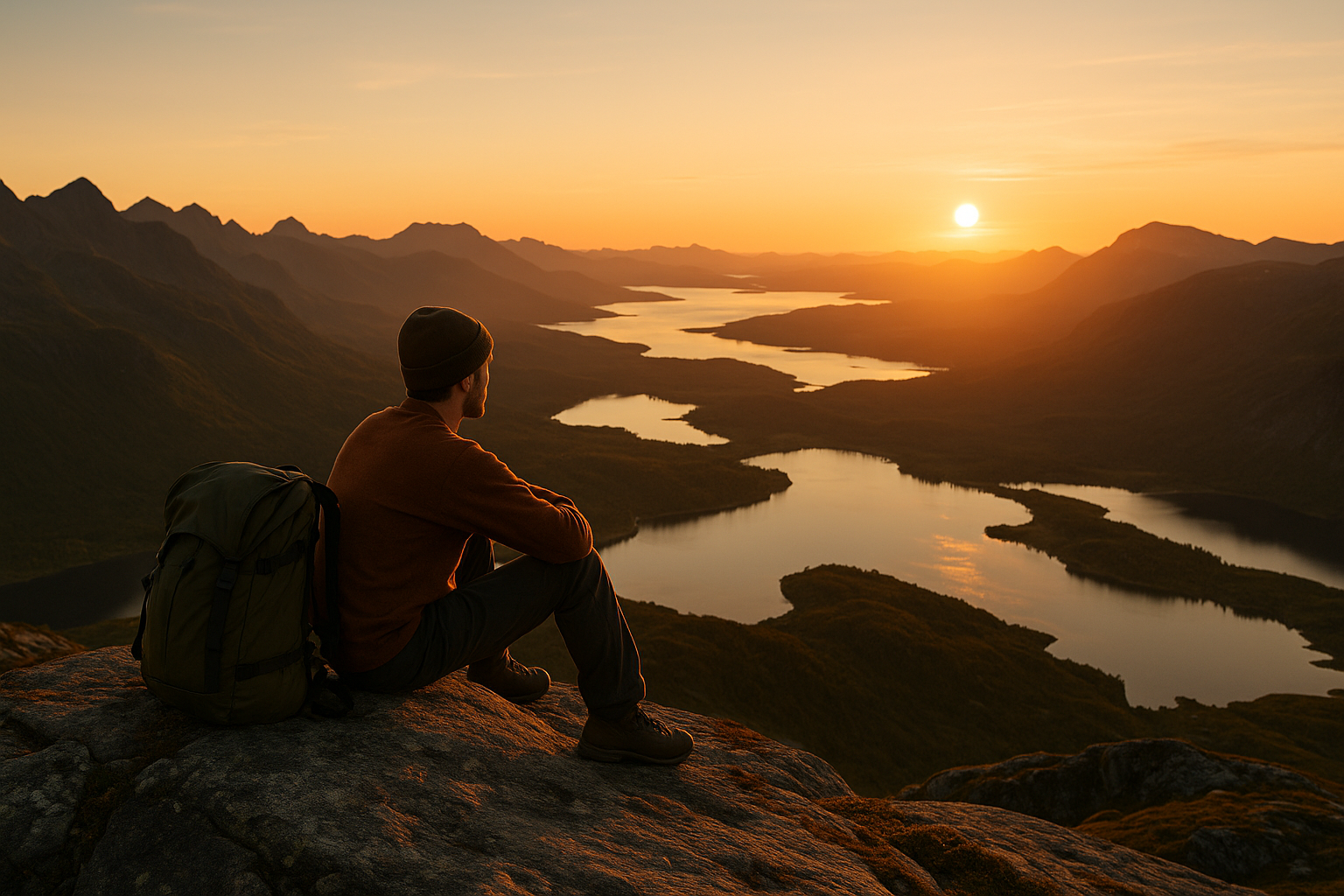 hiker contemplation sunset mountain lake