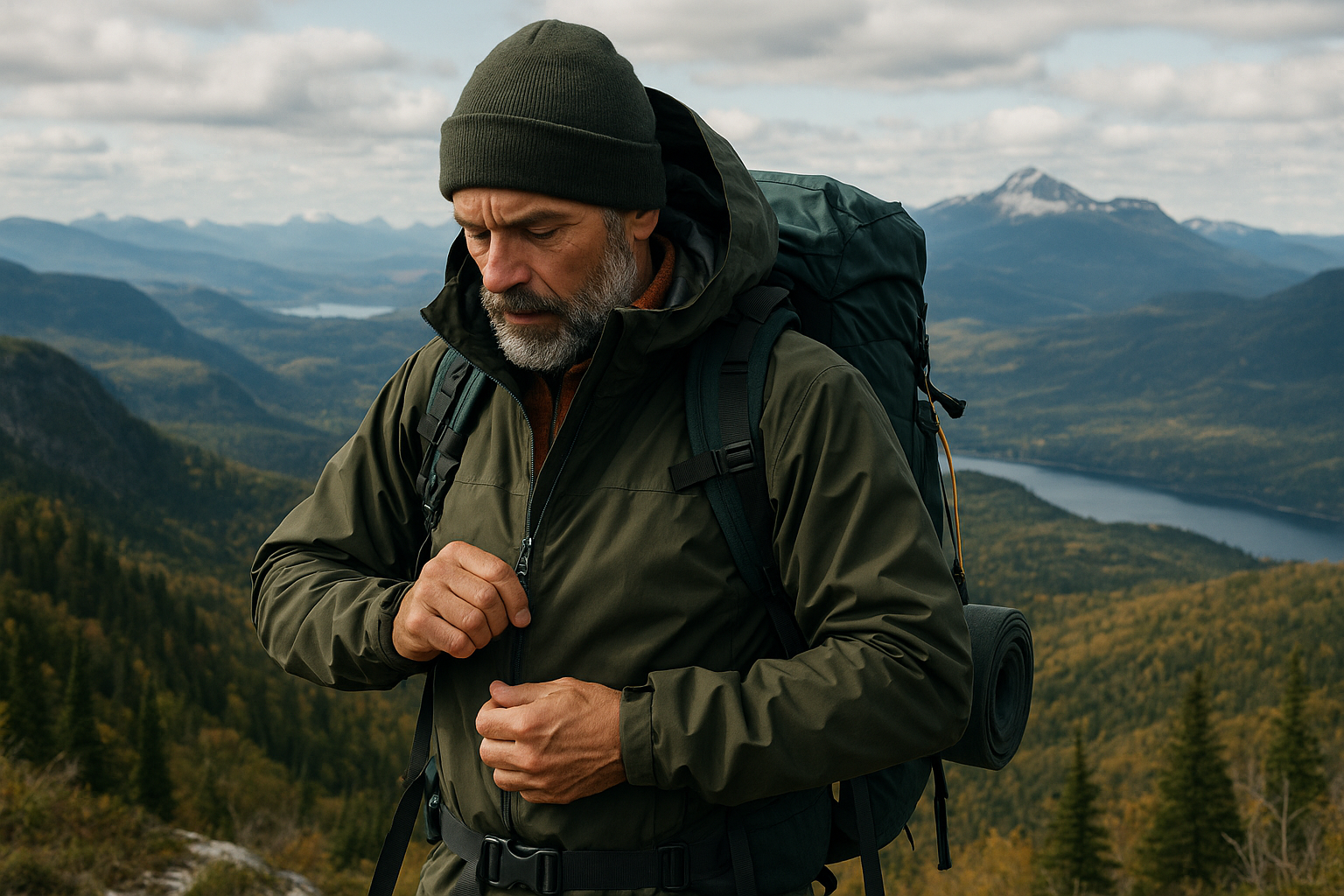 expert hiker adjusting layers Quebec mountains