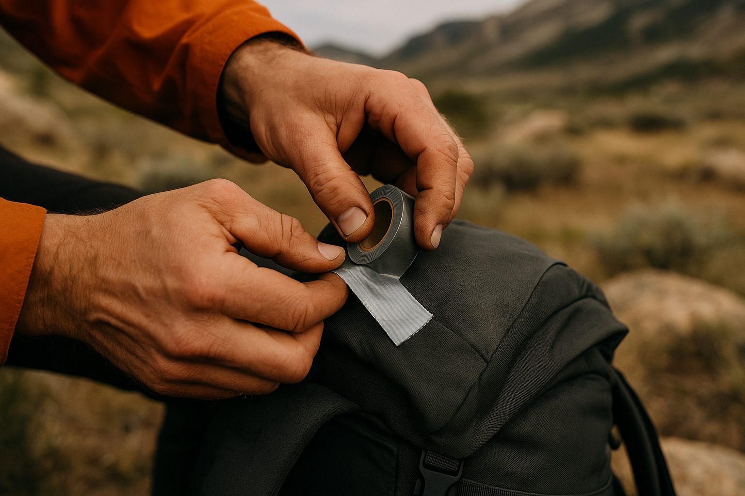 hiking equipment repair duct tape field