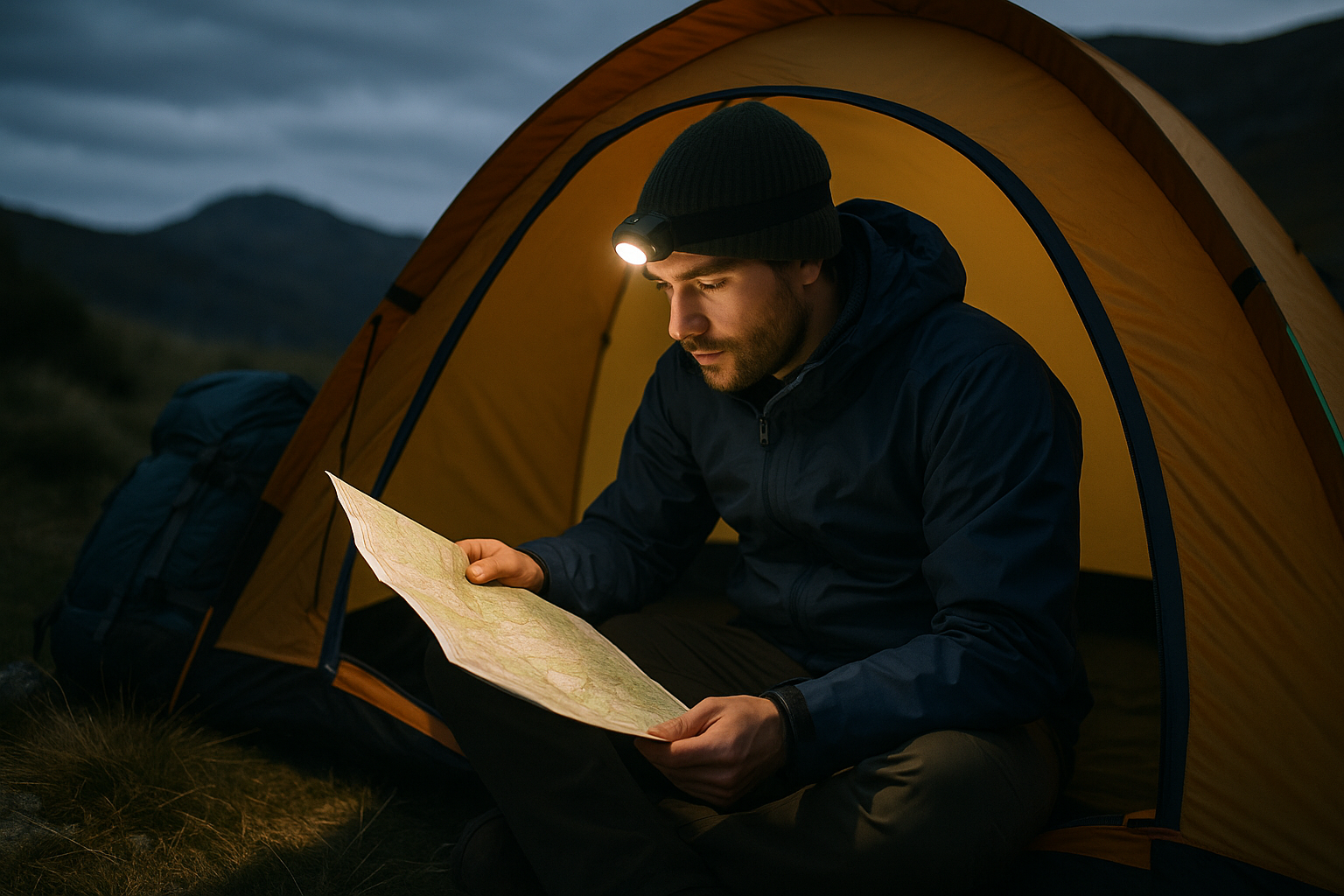 hiker tent map consultation headlamp