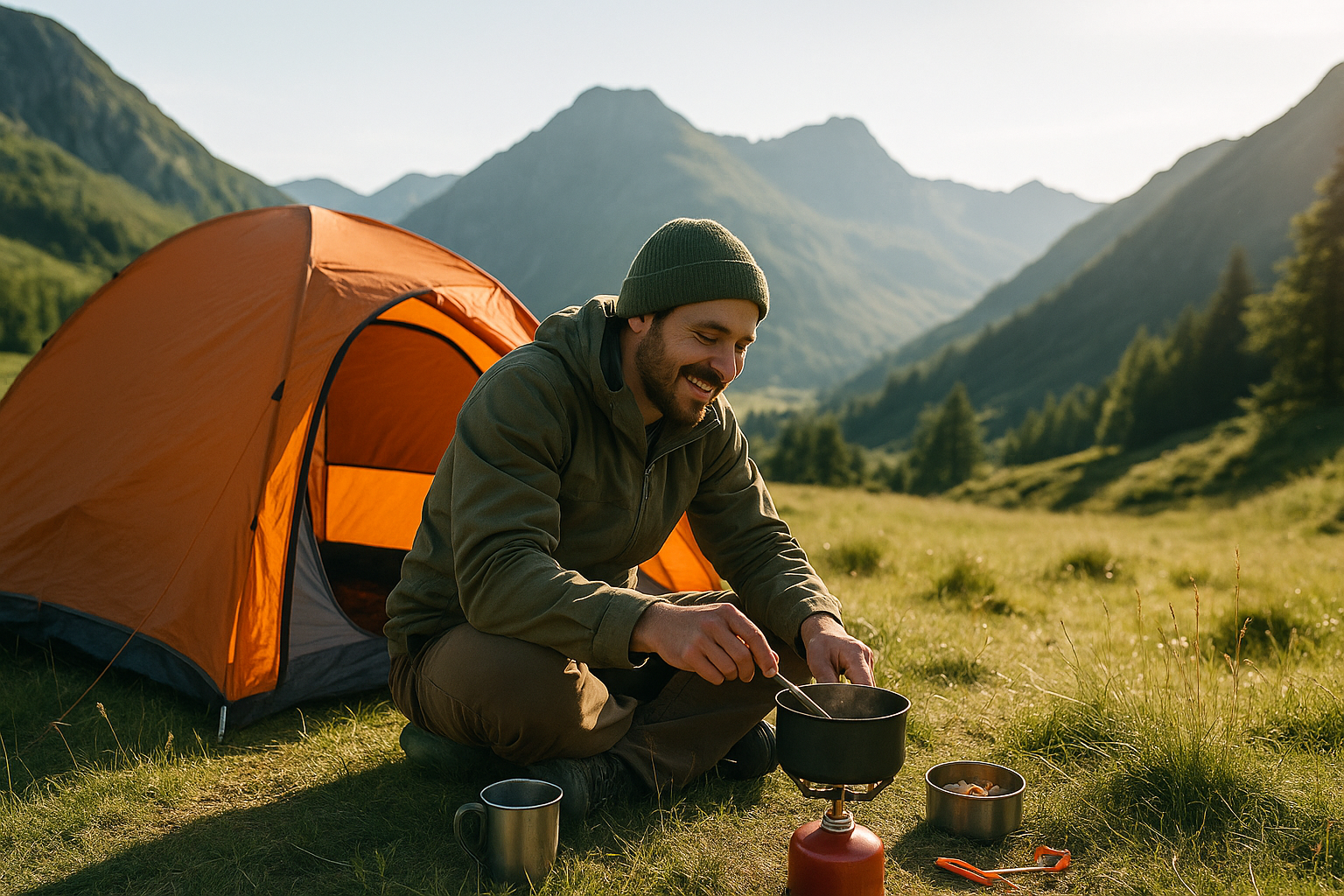 camper breakfast tent morning mountain sunshine