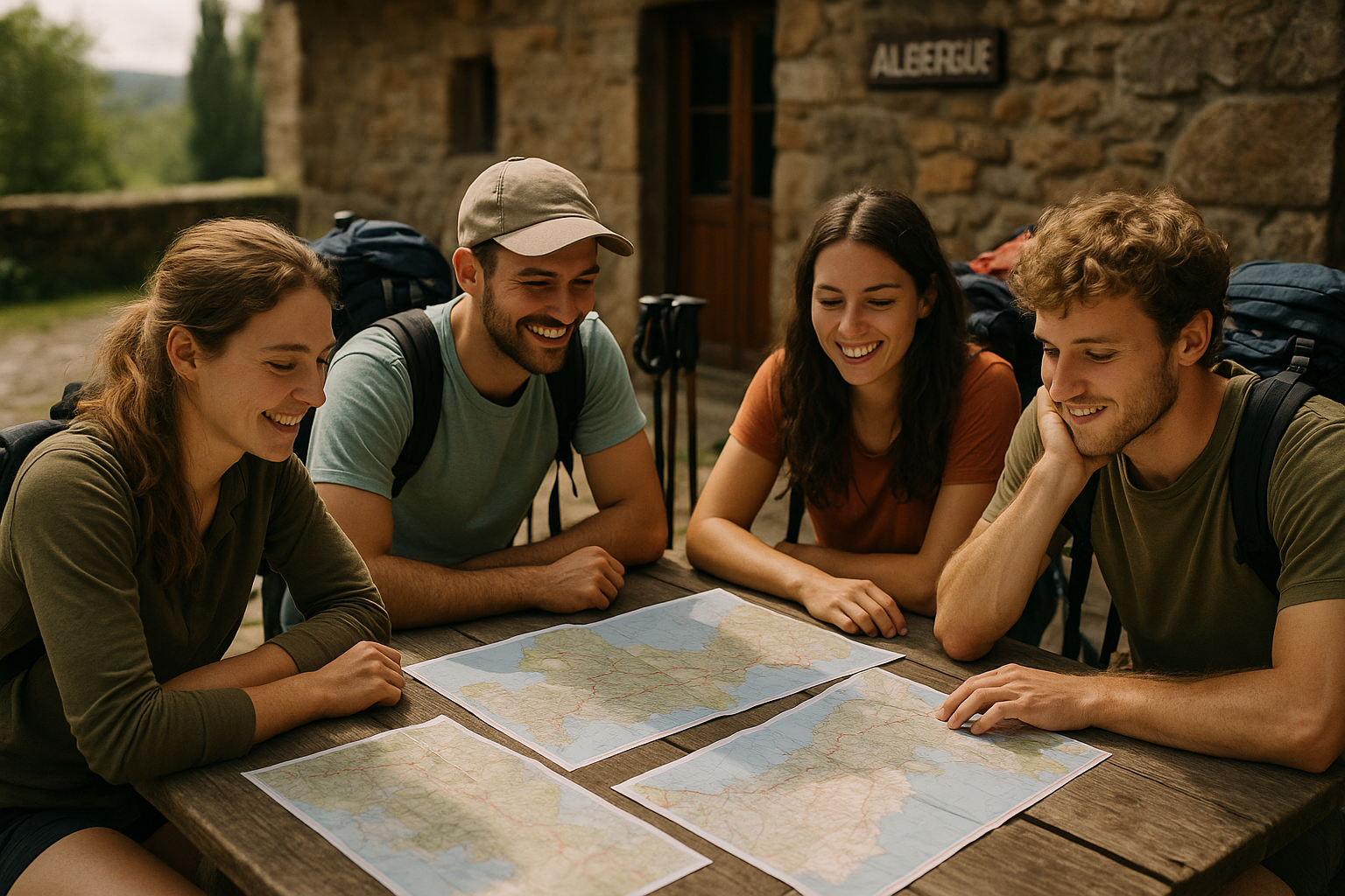young pilgrims in twenties at Camino hostel with maps