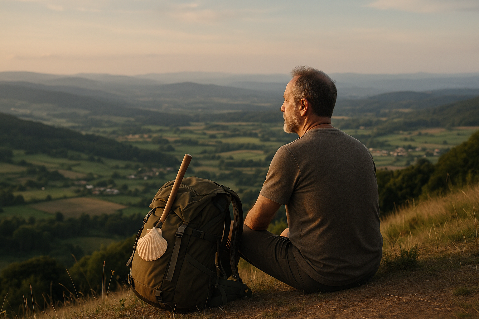 middle-aged pilgrim contemplating Galician landscape