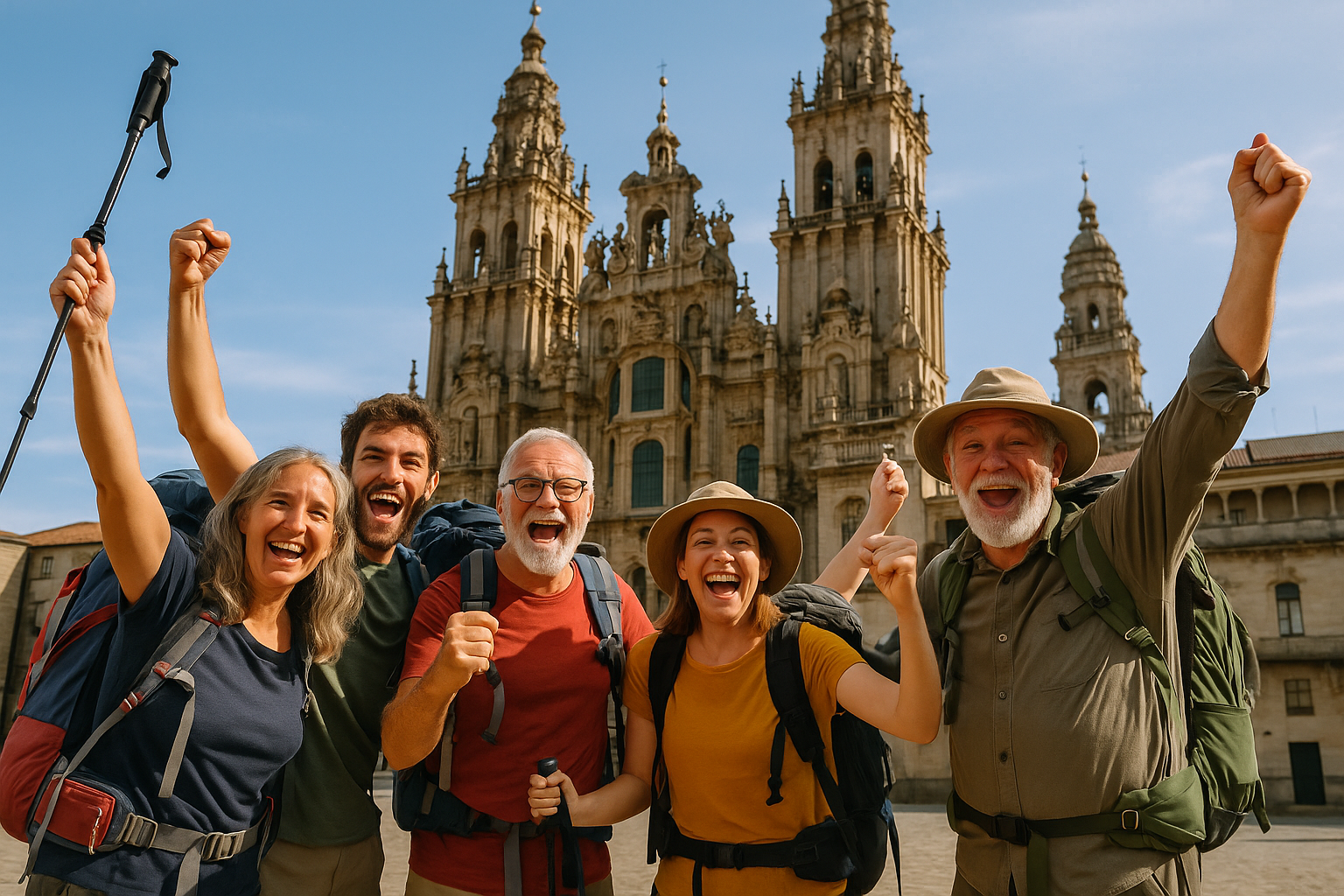 pilgrims of all ages celebrating at Santiago cathedral