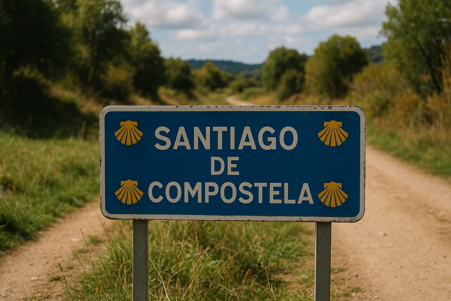 Santiago de Compostela sign with scallop shells pilgrimage