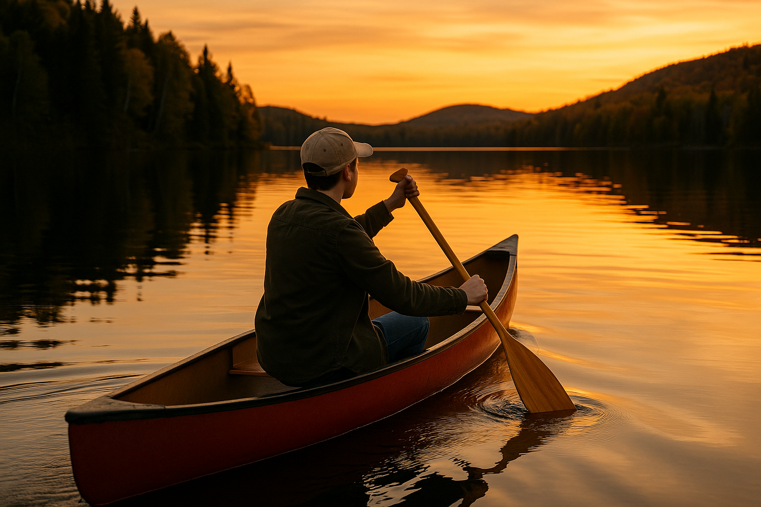 beginner canoeing calm lake sunset Quebec