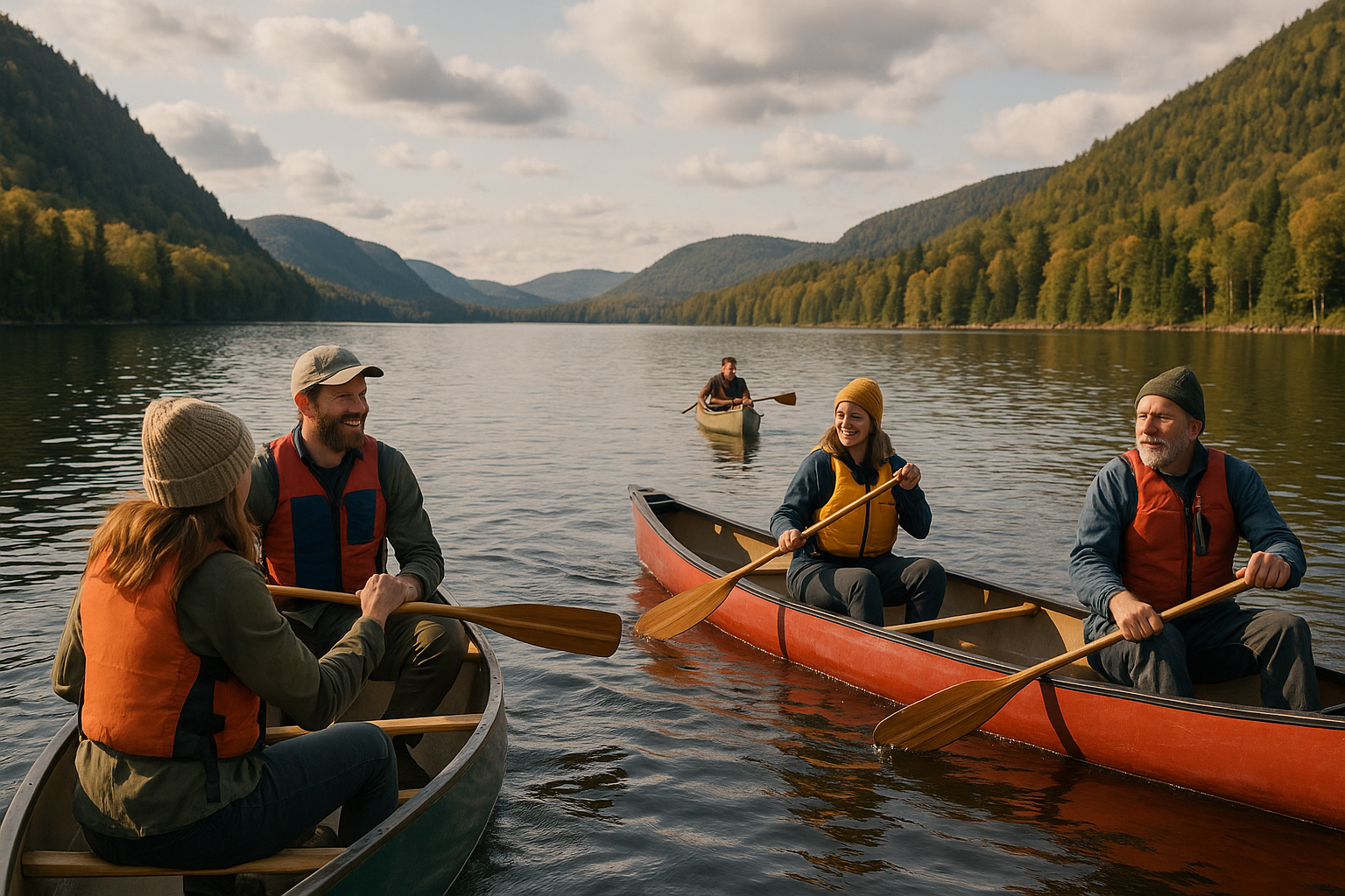 group canoeing mountain lake Quebec learning friendly