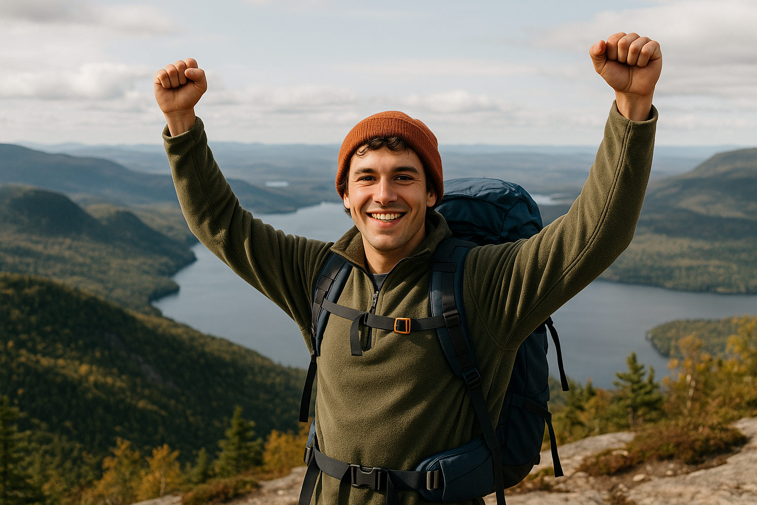 beginner hiker victory first summit Quebec