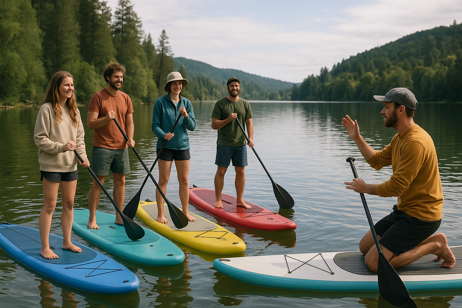 beginner SUP lesson lake group instructor