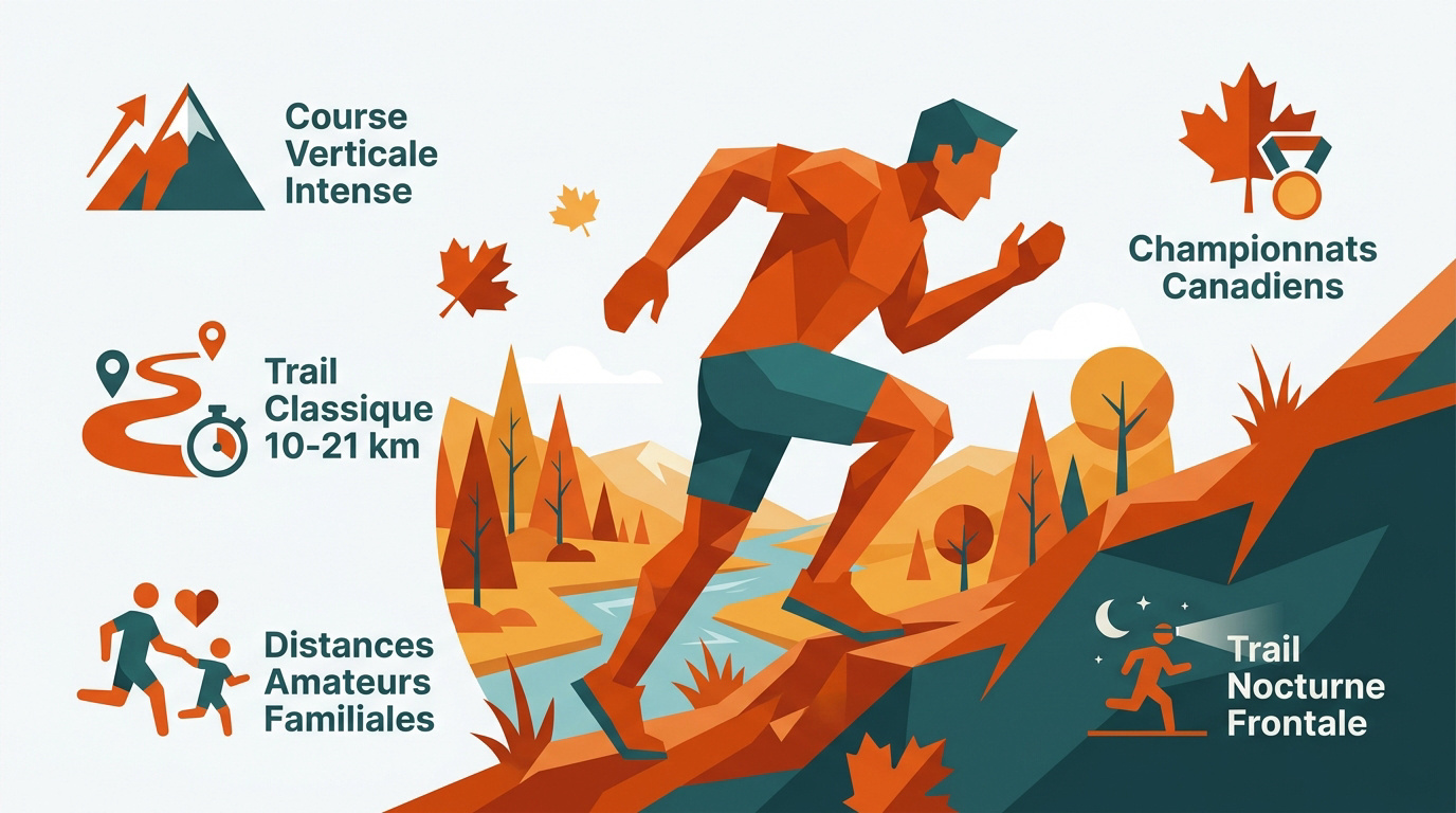 Coureurs de trail en pleine ascension dans les couleurs d'automne au Québec