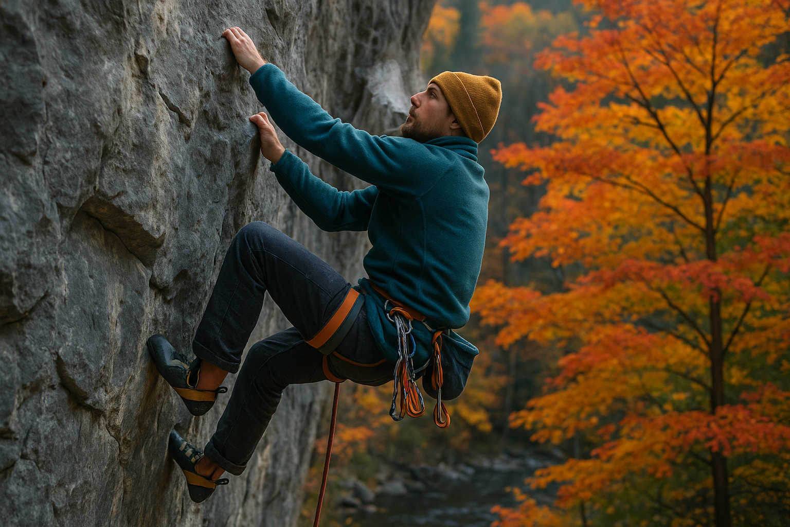 autumn climbing Quebec colorful leaves cliff