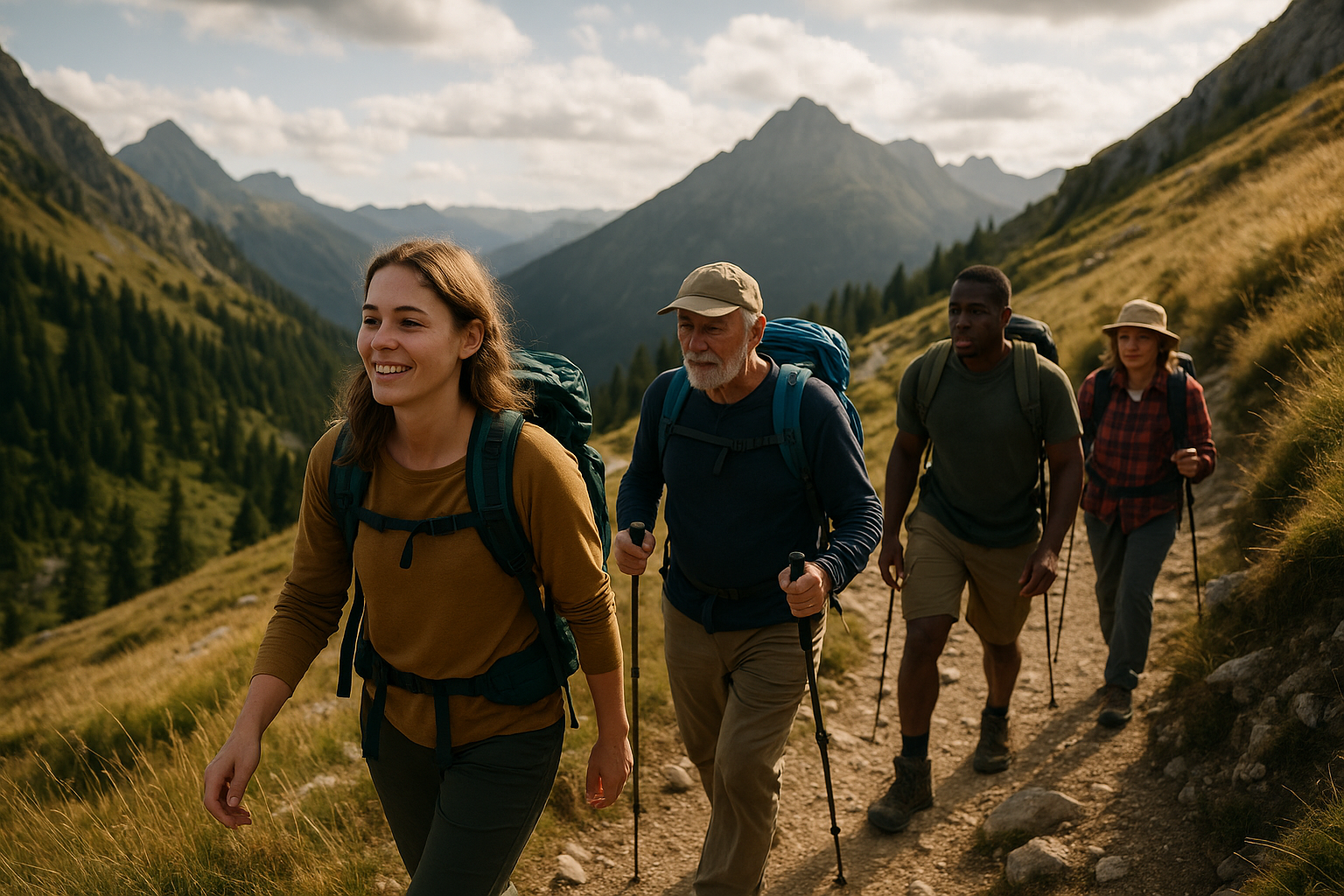 group hikers different levels mountain trail