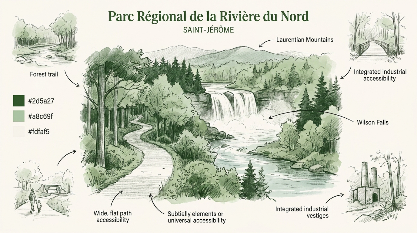 Sentier naturel aménagé longeant la rivière du Nord à Saint-Jérôme sous le soleil estival