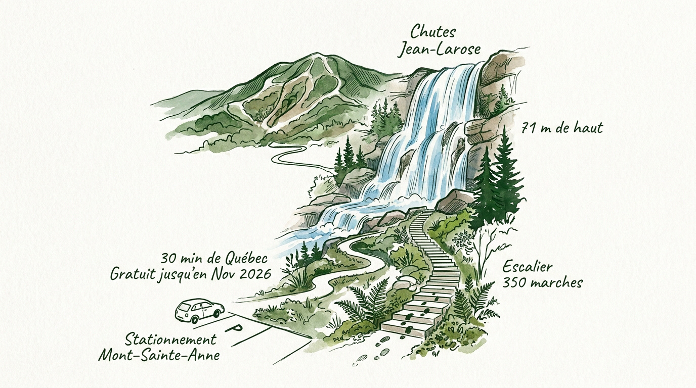 Cascade des chutes Jean-Larose entourée de forêt au pied du Mont-Sainte-Anne