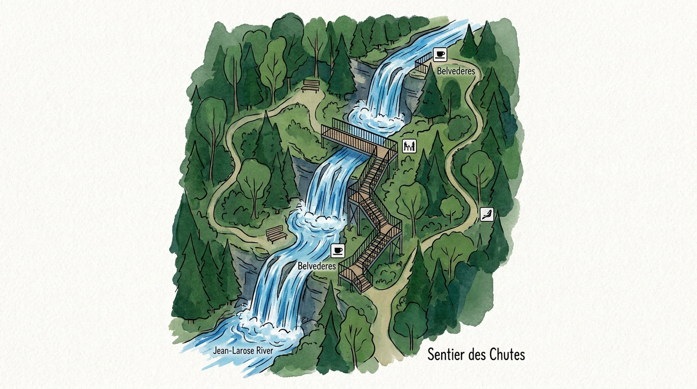 Escalier en bois longeant les cascades de la rivière Jean-Larose en été