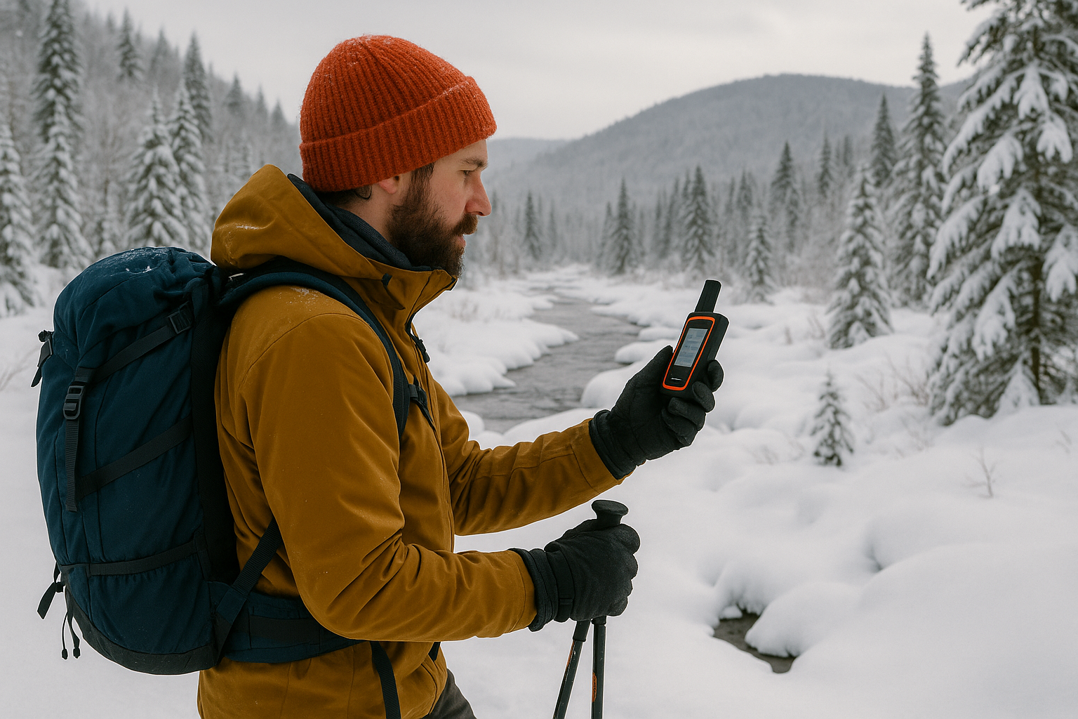 winter hiker satellite communicator snowshoes snow Quebec