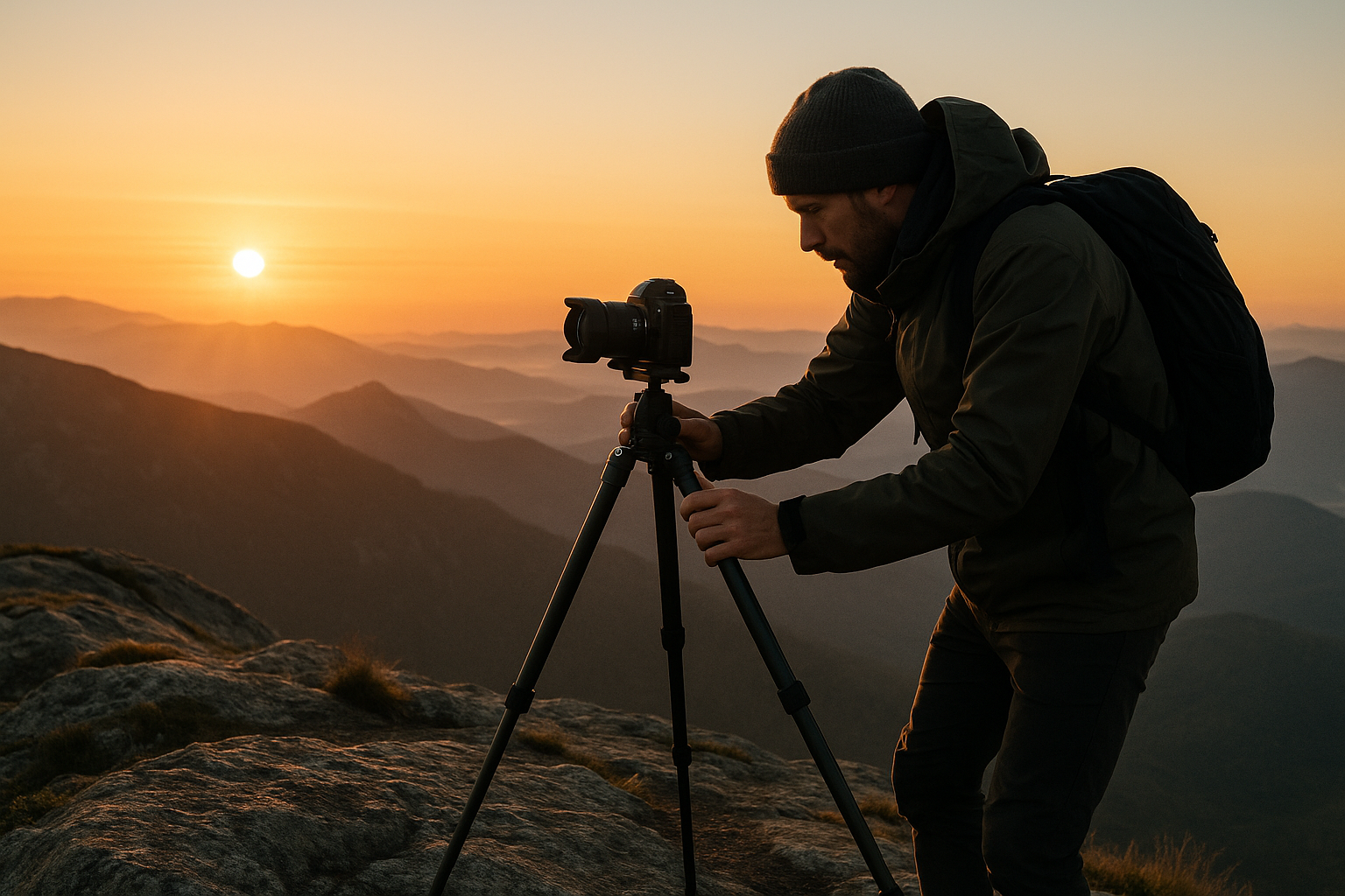 photographer tripod mountain summit sunrise hiking