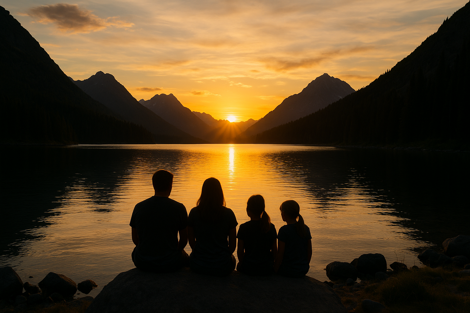 famille coucher soleil lac montagne silhouettes contemplation