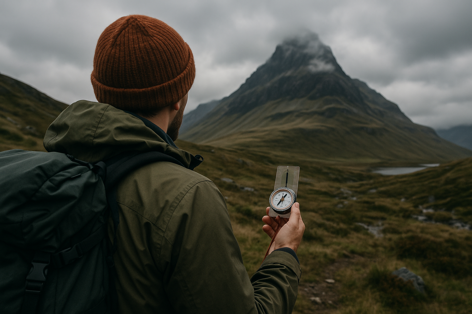 hiker compass bearing mountain summit navigation