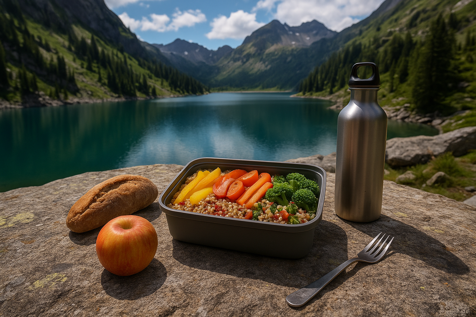 hiking lunch mountain lake meal freshness