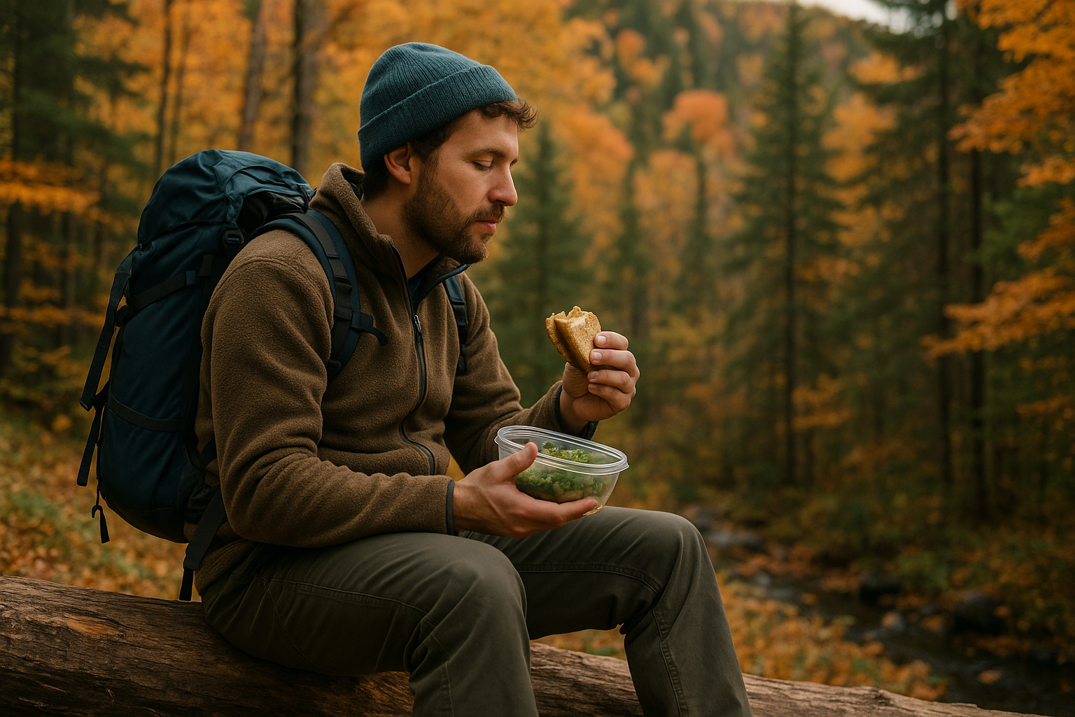 hiker peaceful lunch autumn forest