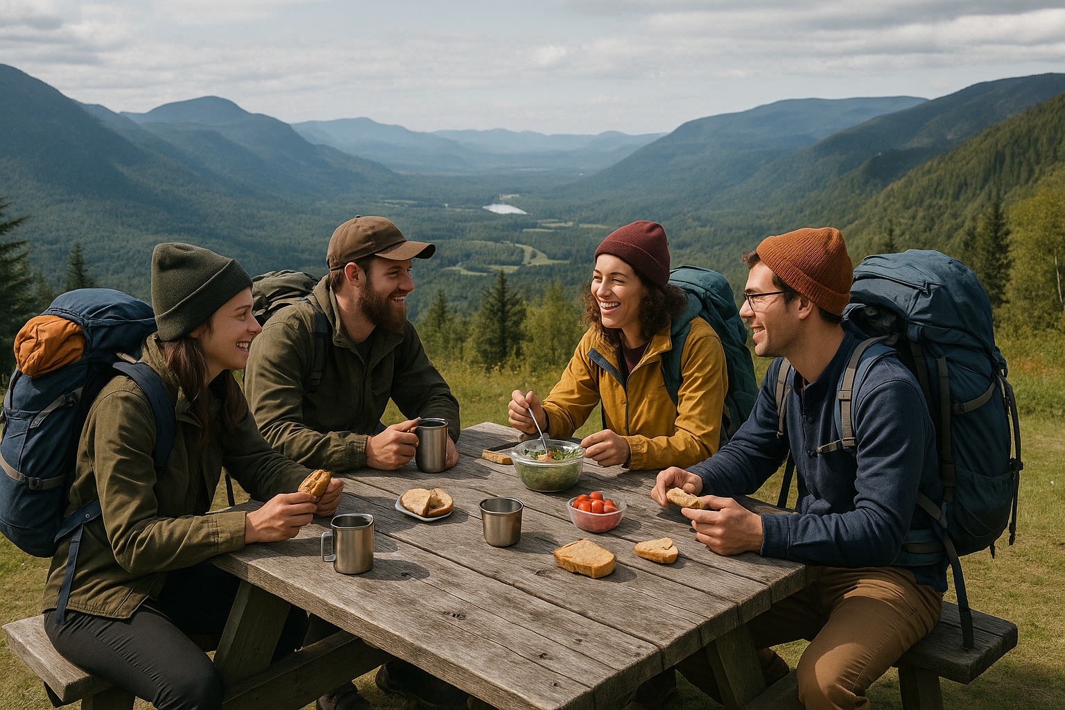 group hikers sharing meal Quebec mountains convivial