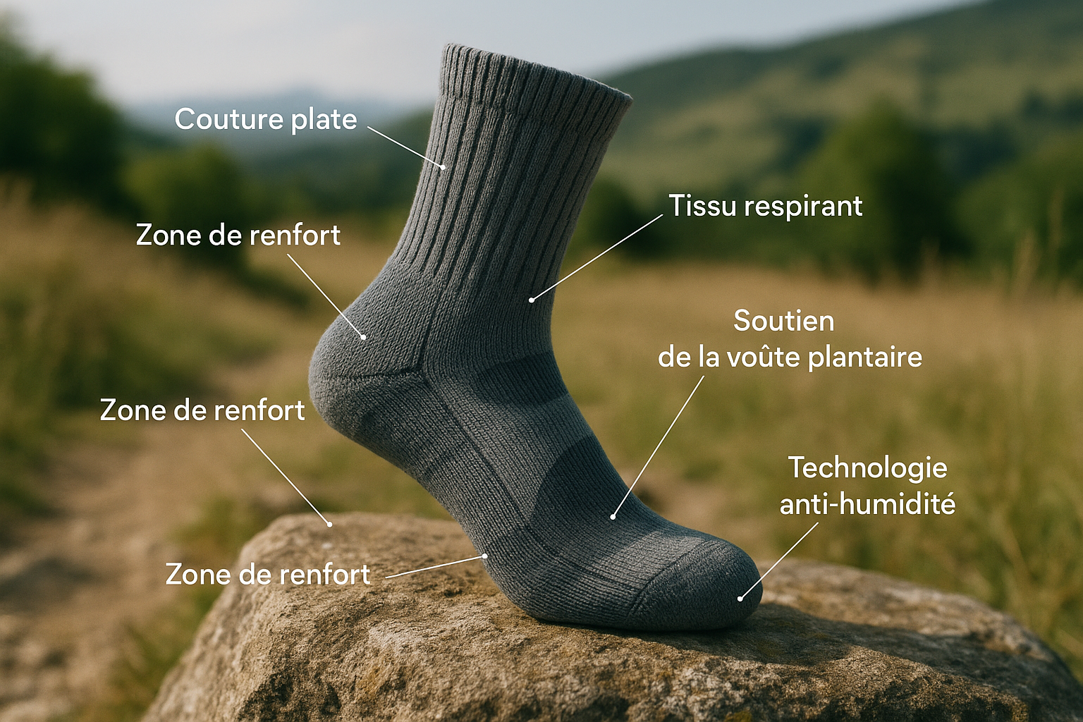 anatomie chaussette randonnée mérinos zones renfort
