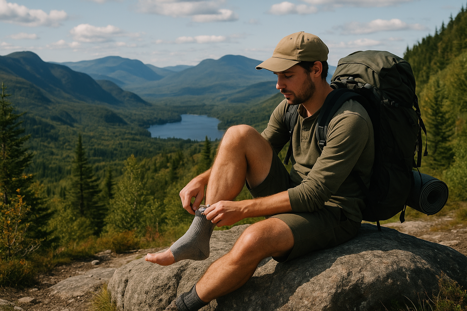 randonneur change chaussettes mérinos montagne Québec