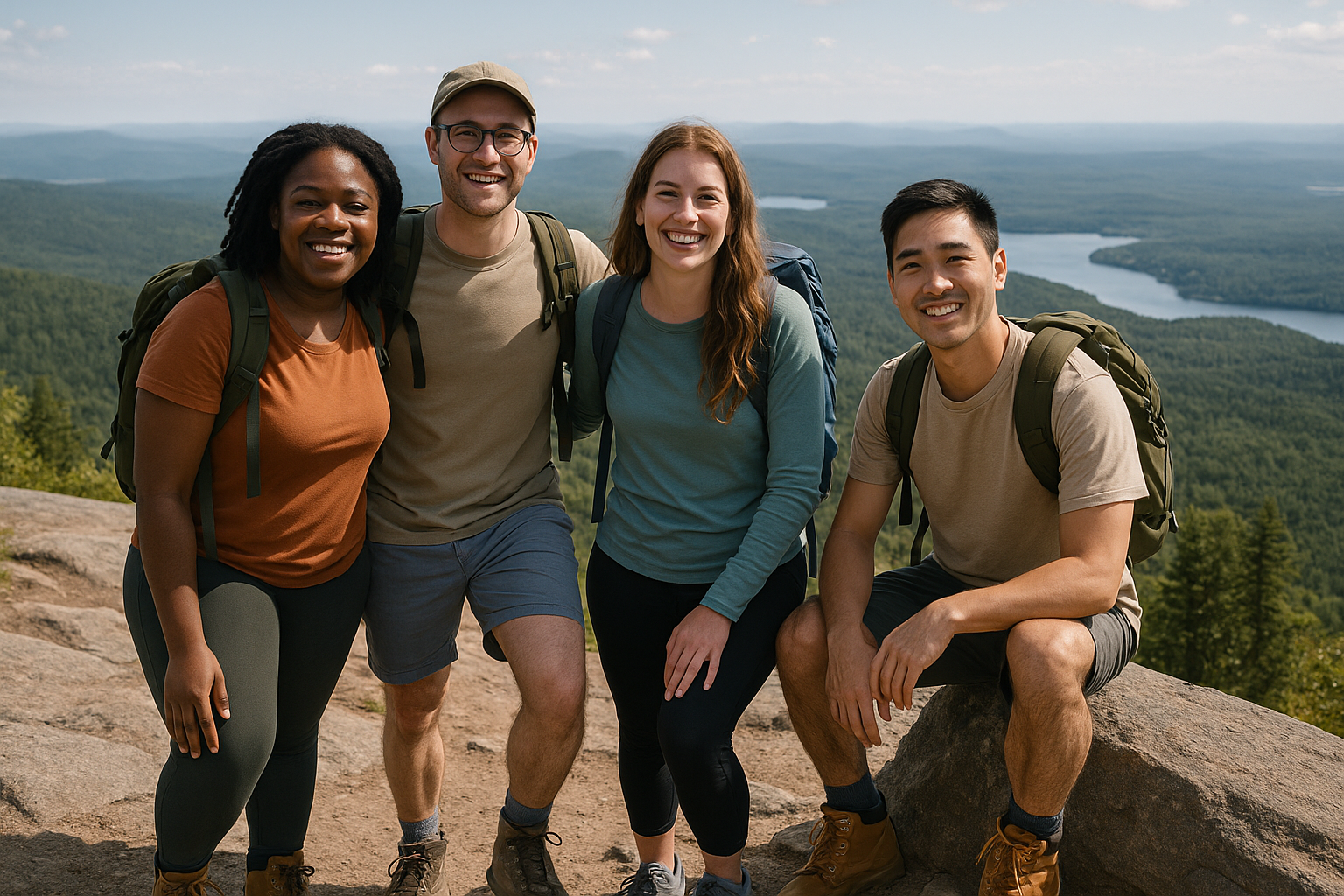 diverse group beginner hikers Quebec mountain summit